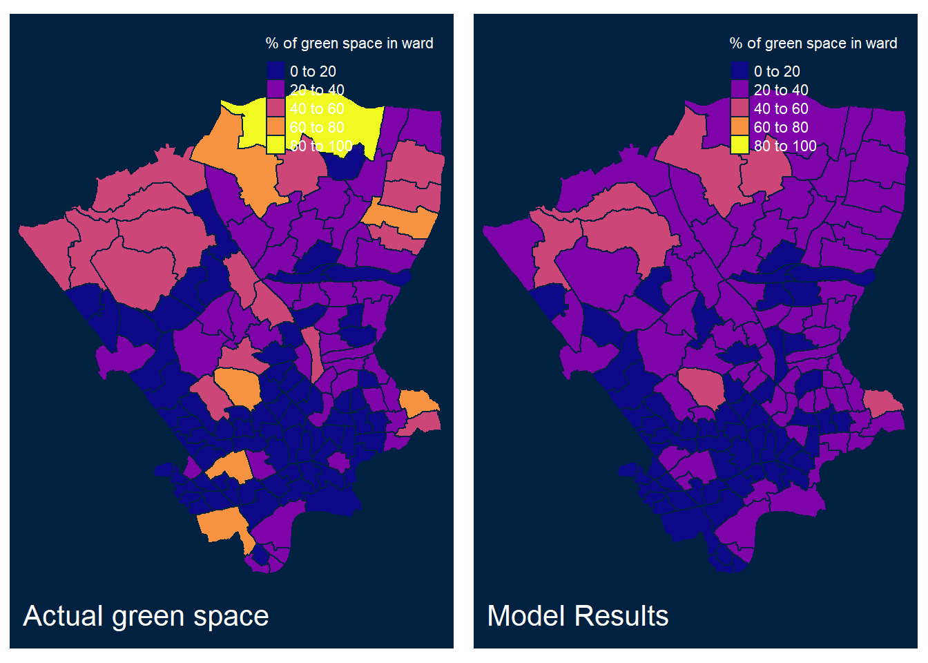 Fitted and observed values  of % green space per ward in North London