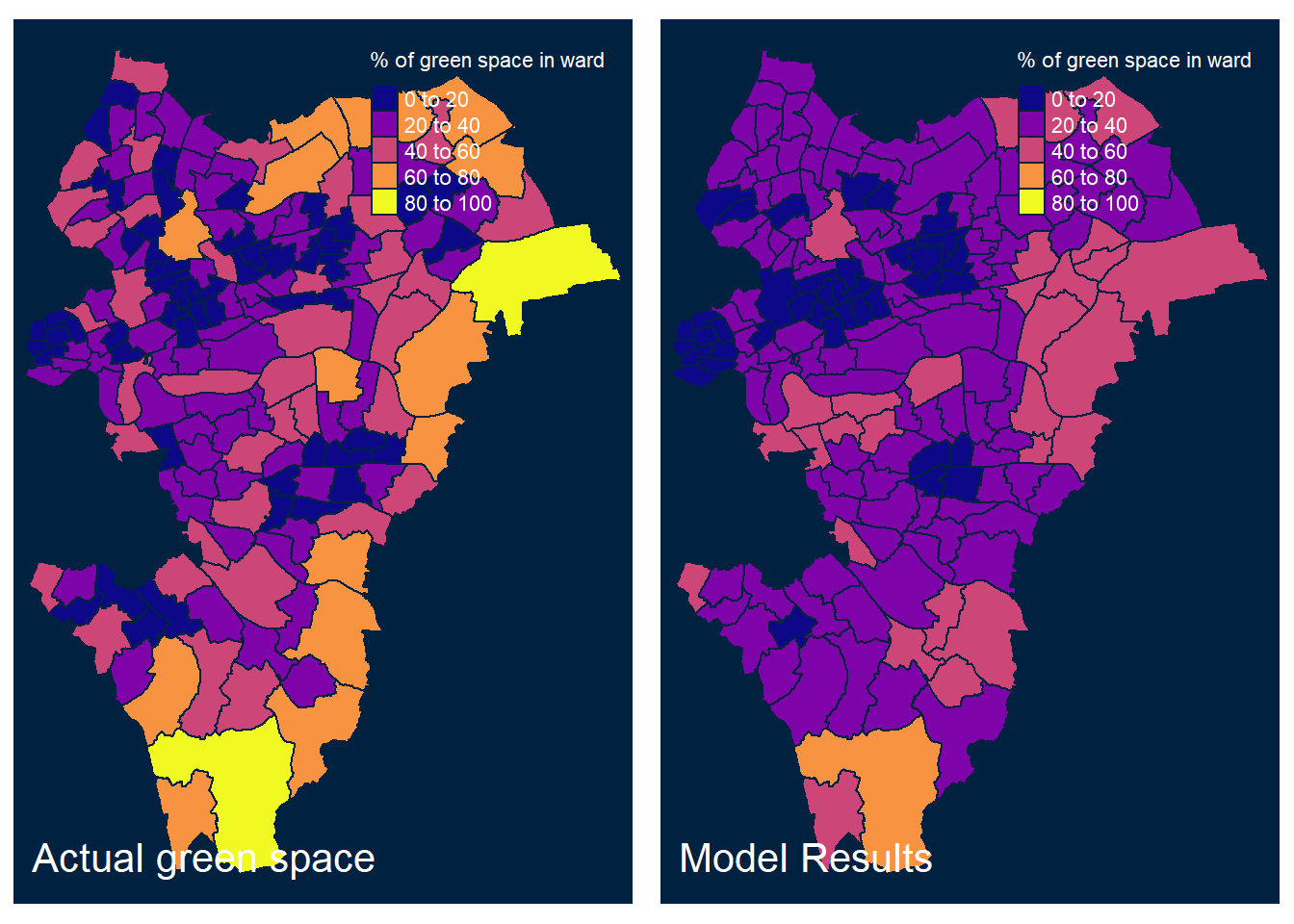 Fitted and observed values  of % green space per ward in East London