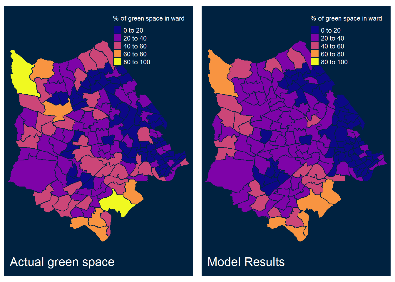 Fitted and observed values  of % green space per ward in West London