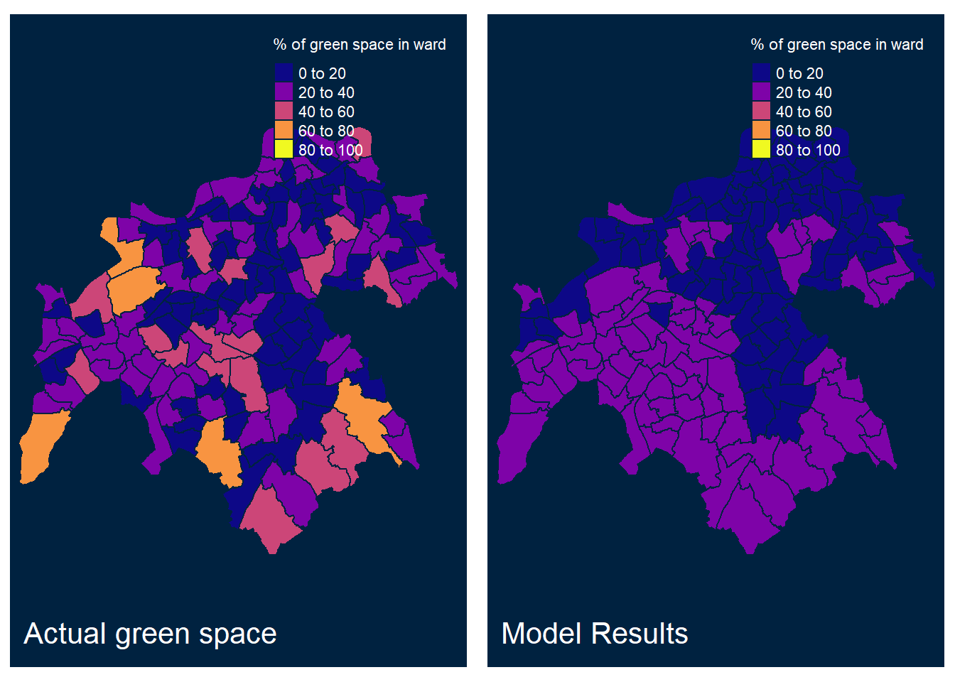 Fitted and observed values  of % green space per ward in South London