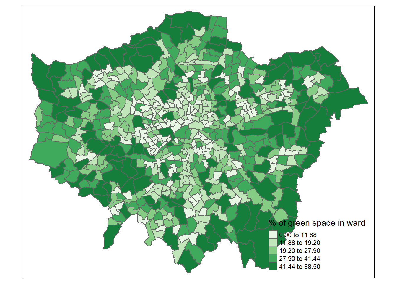 % of green space per ward in Greater London