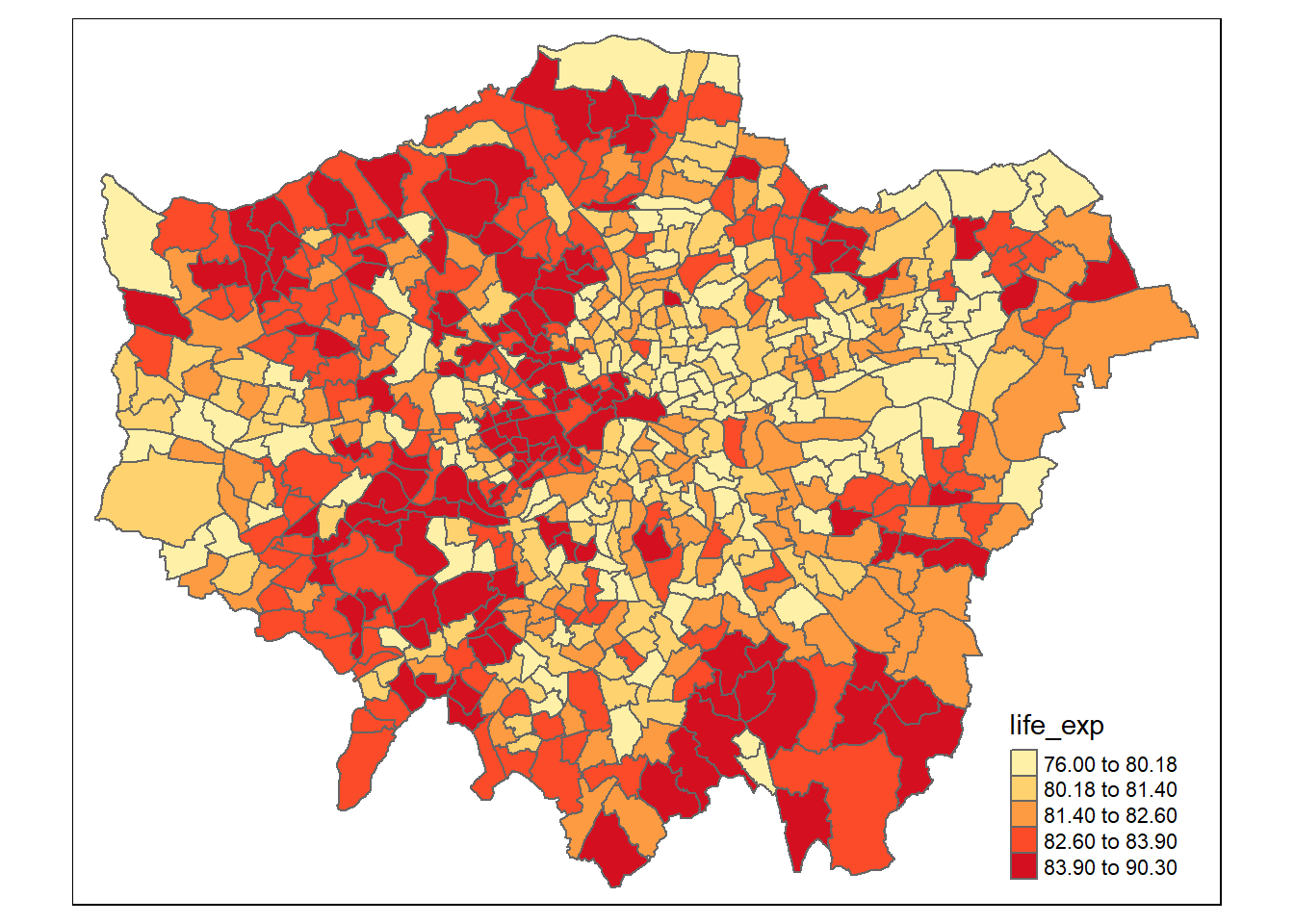 Plot of Life Expectancy per ward in Greater London