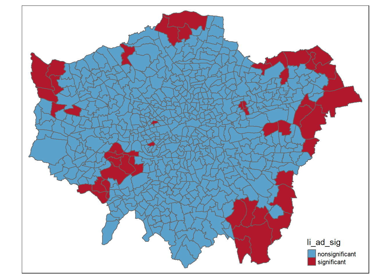 Plot of Significant and Non Significant Local Moran's I Results in Greater London